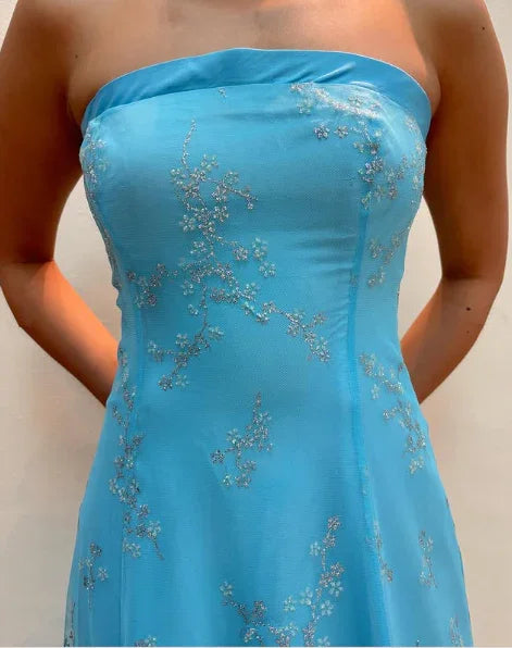 Vestido de Festa Azul com Lantejoulas Brilhantes, Sem Alças, Corte em A Y8140