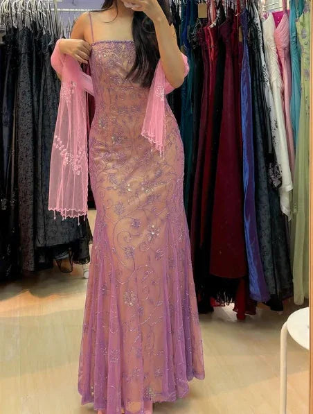 Abito da sera lungo sirena in tulle con spalline sottili lussuoso Y8137