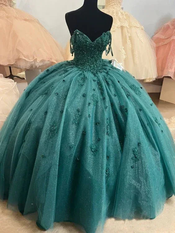 Ballkleid mit Perlenbesatz Quinceañera-Kleid mit Spaghettiträgern Smaragdgrünes Kleid für den 16. Geburtstag Y1621