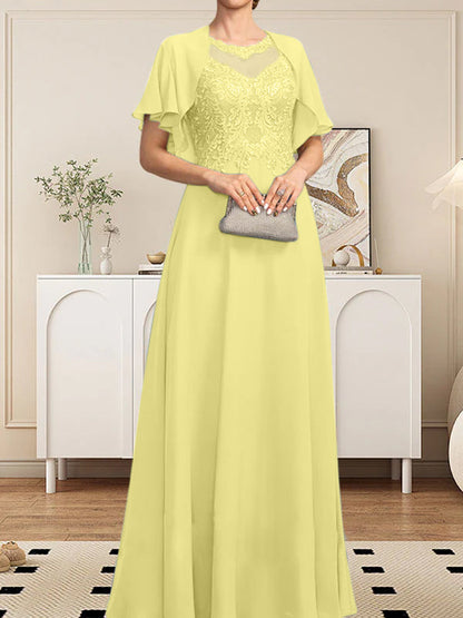 A-Linie, U-Ausschnitt, Illusion, bodenlanges Spitzen-Chiffon-Kleid für die Brautmutter mit Pailletten