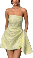 Robe courte de retour à la maison sans bretelles ni manches en satin jacquard, coupe en A, lacée asymétrique, robes de fête