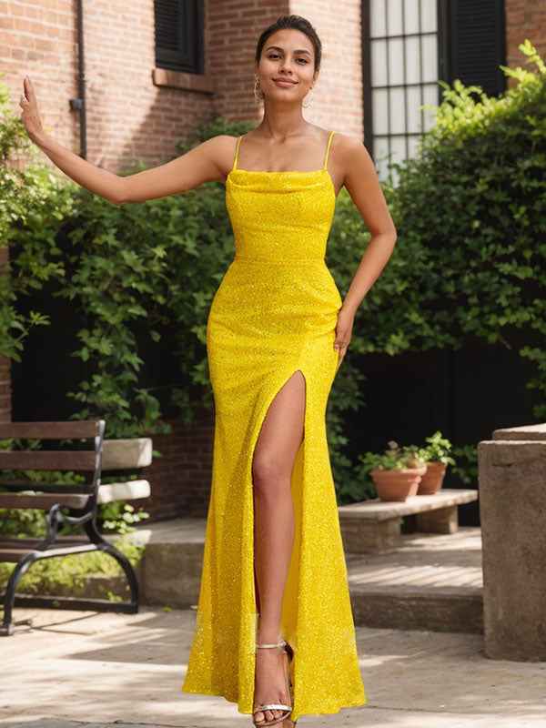 Radiant Daffodil Spaghetti Strap Sequin Gown With High Slit