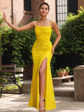 Radiant Daffodil Spaghetti Strap Sequin Gown With High Slit