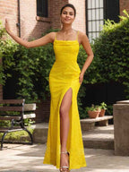 Radiant Daffodil Spaghetti Strap Sequin Gown With High Slit