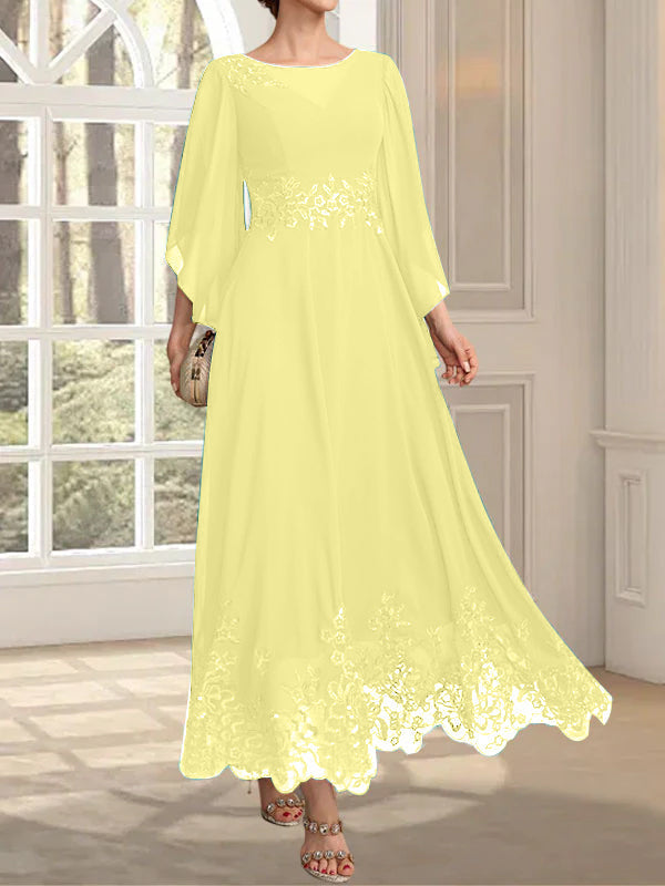 A-Linie, U-Ausschnitt, Illusion, knöchellang, Spitzen-Chiffon, Kleid für die Brautmutter mit Pailletten 