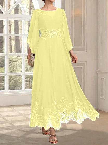 A-Linie, U-Ausschnitt, Illusion, knöchellang, Spitzen-Chiffon, Kleid für die Brautmutter mit Pailletten 