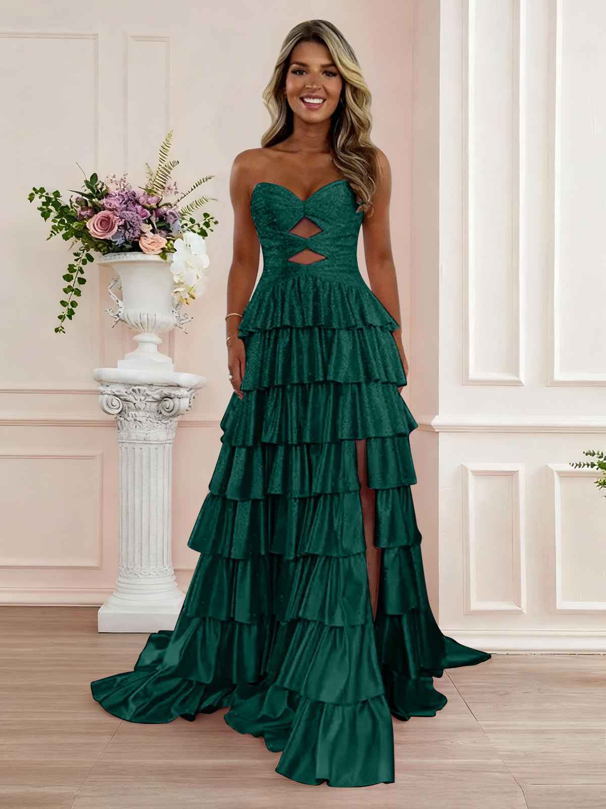 Pink Tiered A Line Strapless Sweetheart Satin Prom Dress With Keyhole