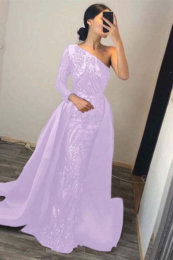 Emerald Green One Shoulder Prom Dress Sequins Mermaid Overskirt