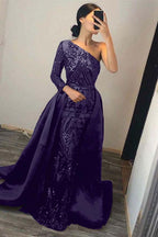 Emerald Green One Shoulder Prom Dress Sequins Mermaid Overskirt