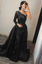 Emerald Green One Shoulder Prom Dress Sequins Mermaid Overskirt