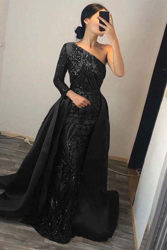 Emerald Green One Shoulder Prom Dress Sequins Mermaid Overskirt