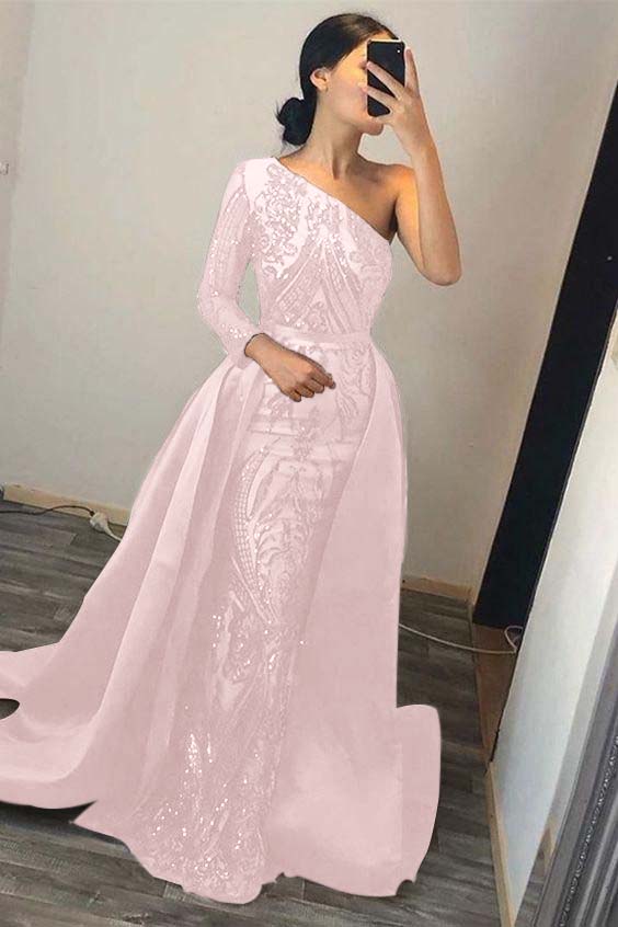 Emerald Green One Shoulder Prom Dress Sequins Mermaid Overskirt