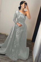 Emerald Green One Shoulder Prom Dress Sequins Mermaid Overskirt