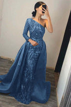 Emerald Green One Shoulder Prom Dress Sequins Mermaid Overskirt