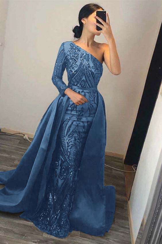 Emerald Green One Shoulder Prom Dress Sequins Mermaid Overskirt