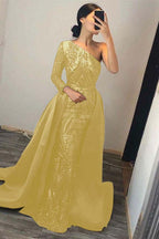 Emerald Green One Shoulder Prom Dress Sequins Mermaid Overskirt