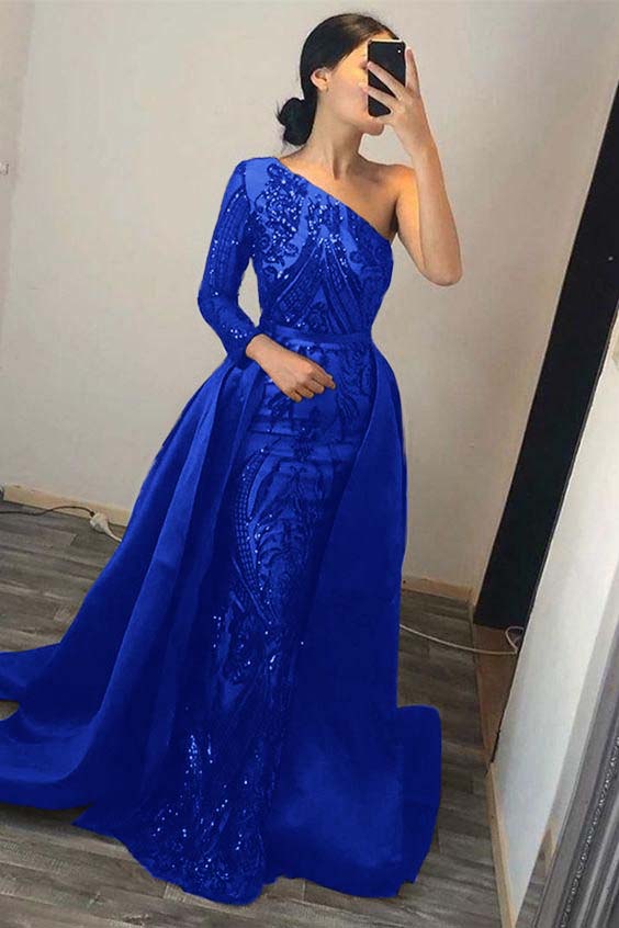 Emerald Green One Shoulder Prom Dress Sequins Mermaid Overskirt