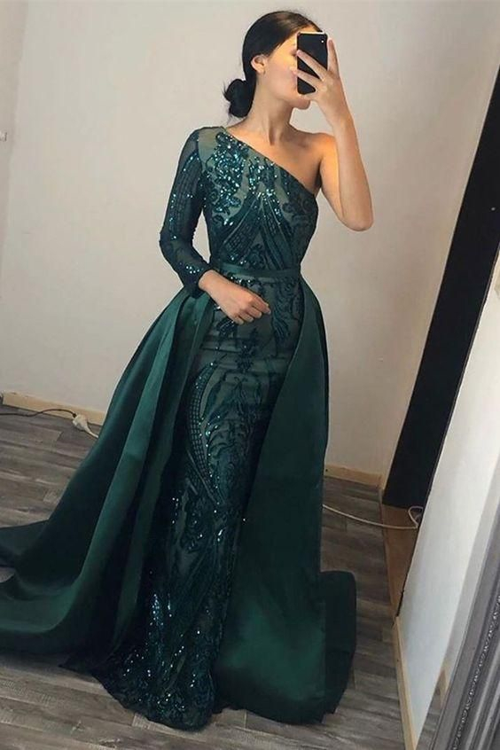 Emerald Green One Shoulder Prom Dress Sequins Mermaid Overskirt