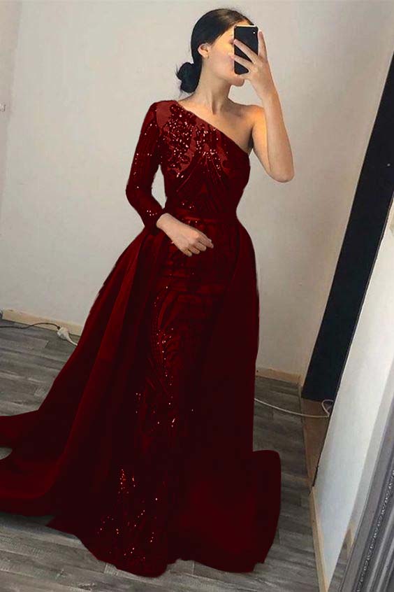 Emerald Green One Shoulder Prom Dress Sequins Mermaid Overskirt