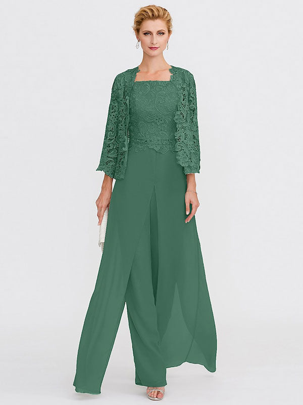 3 Piece Chiffon Square Neck Mother of the Bride Pantsuits with Jacket