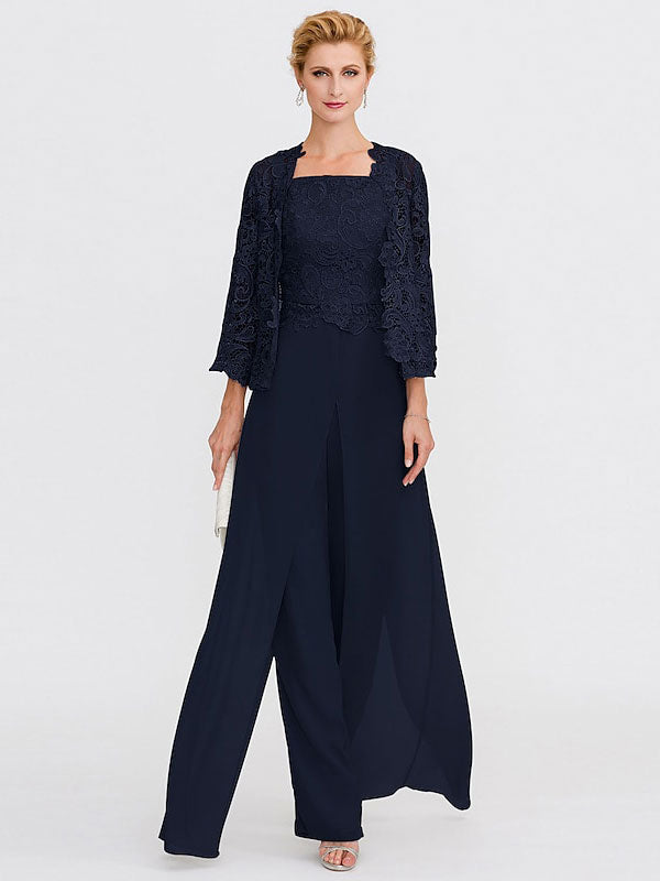 3 Piece Chiffon Square Neck Mother of the Bride Pantsuits with Jacket