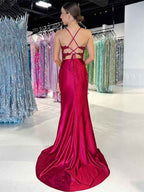Dark Red Mermaid Satin Prom Dress With Spaghetti Straps V Neck Beadwork Slit