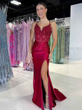 Dark Red Mermaid Satin Prom Dress With Spaghetti Straps V Neck Beadwork Slit