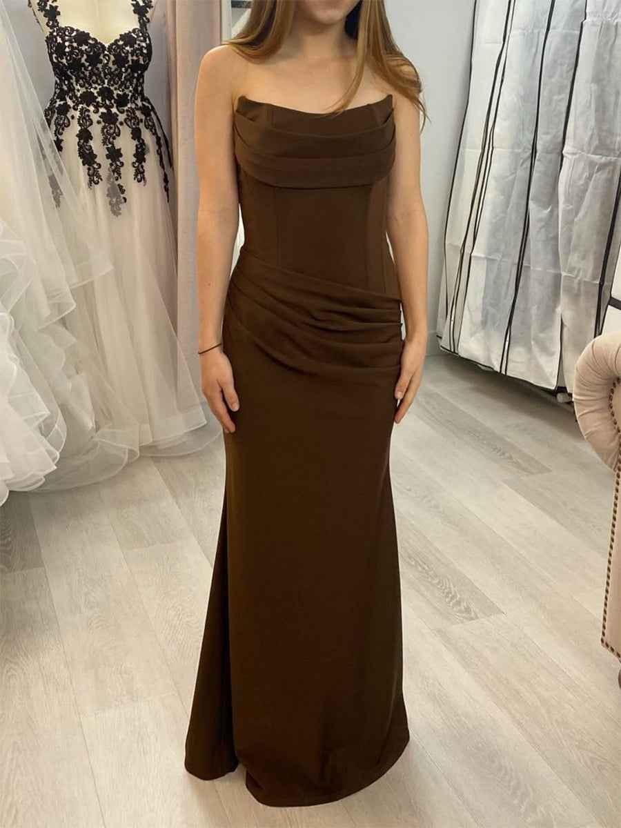 Dark Brown Strapless Cowl Neck Prom Dress With Ruched Waist