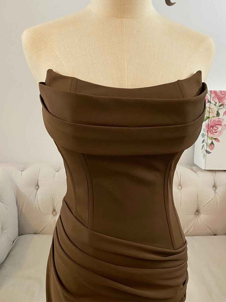 Dark Brown Strapless Cowl Neck Prom Dress With Ruched Waist