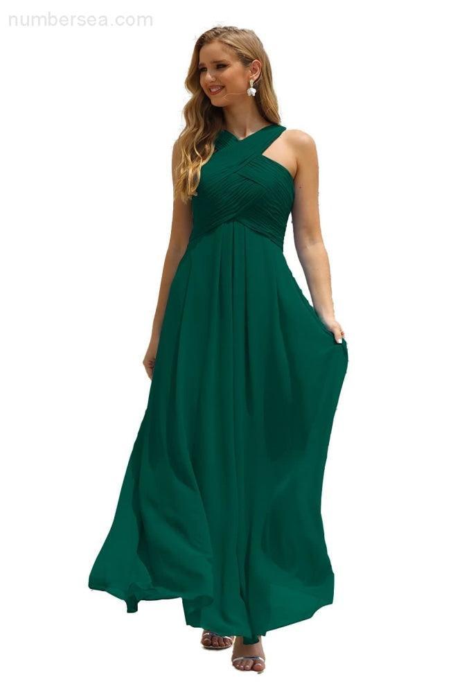 Vestido de Dama de Honra Halter em Chiffon para Mulher, Modelo A-Line, Longo, Formal, para Baile de Finalistas SEA28015