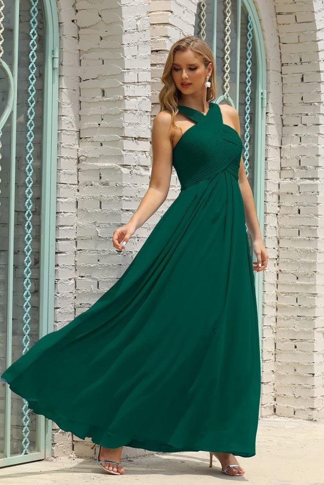 Vestido de Dama de Honra Halter em Chiffon para Mulher, Modelo A-Line, Longo, Formal, para Baile de Finalistas SEA28015