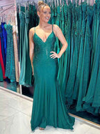 Emerald Green Glitter Mermaid Spaghetti Strap Beaded Long Prom Dress