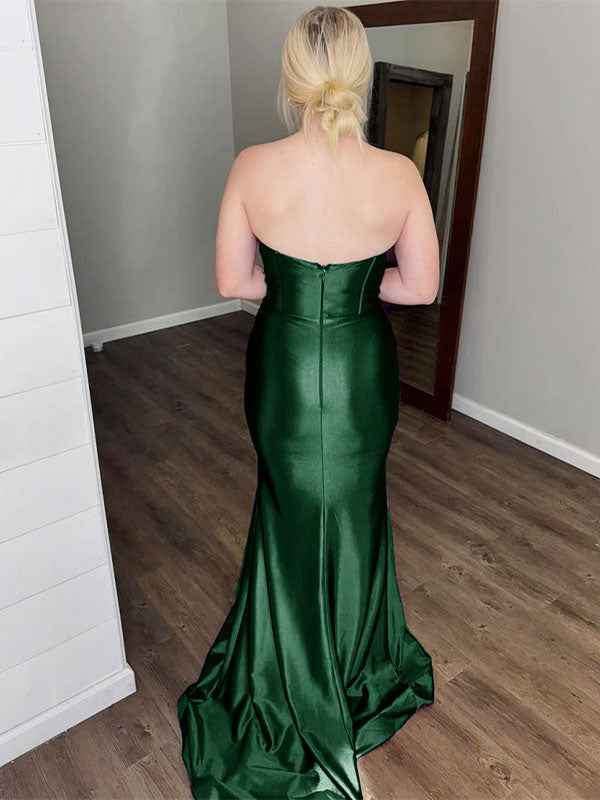 Dark Purple Satin Mermaid Strapless Dress With Sweetheart Bodice And Slit