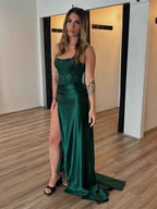 Dark Green Satin Strapless Mermaid Prom Dress With Appliques