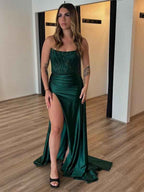 Dark Green Satin Strapless Mermaid Prom Dress With Appliques