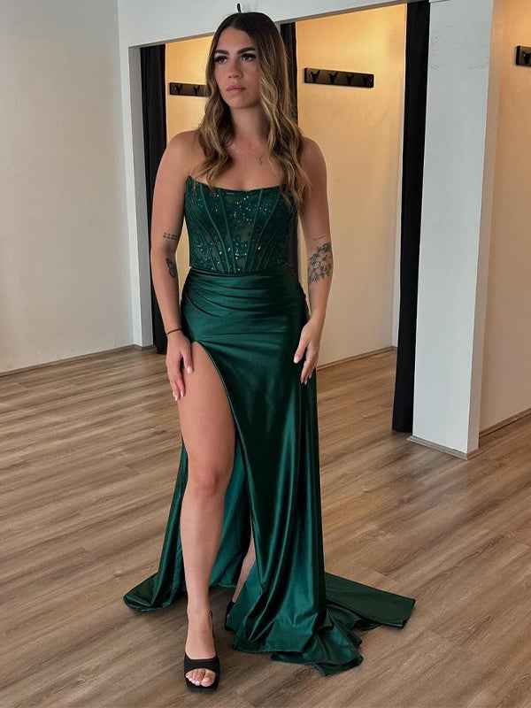 Dark Green Satin Strapless Mermaid Prom Dress With Appliques