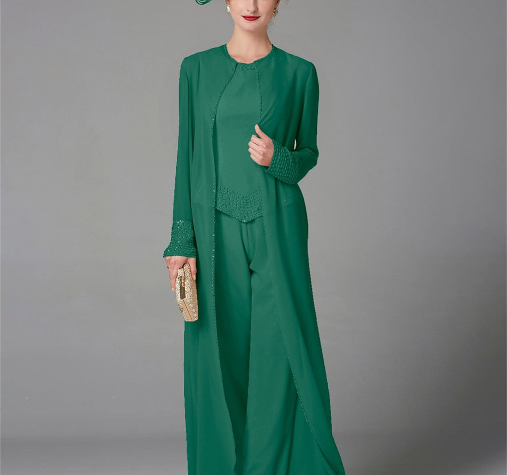 Mother Of The Bride Pantsuit With Jacket And Sequins Long Sleeve Chiffon