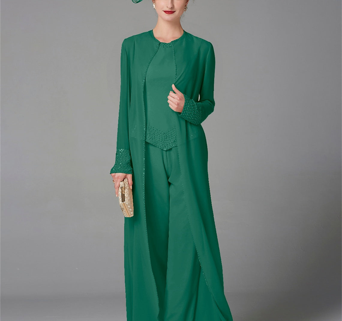 Mother Of The Bride Pantsuit With Jacket And Sequins Long Sleeve Chiffon