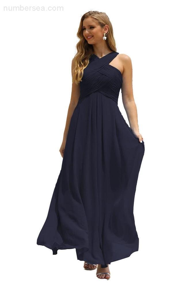 Vestido de Dama de Honra Halter em Chiffon para Mulher, Modelo A-Line, Longo, Formal, para Baile de Finalistas SEA28015