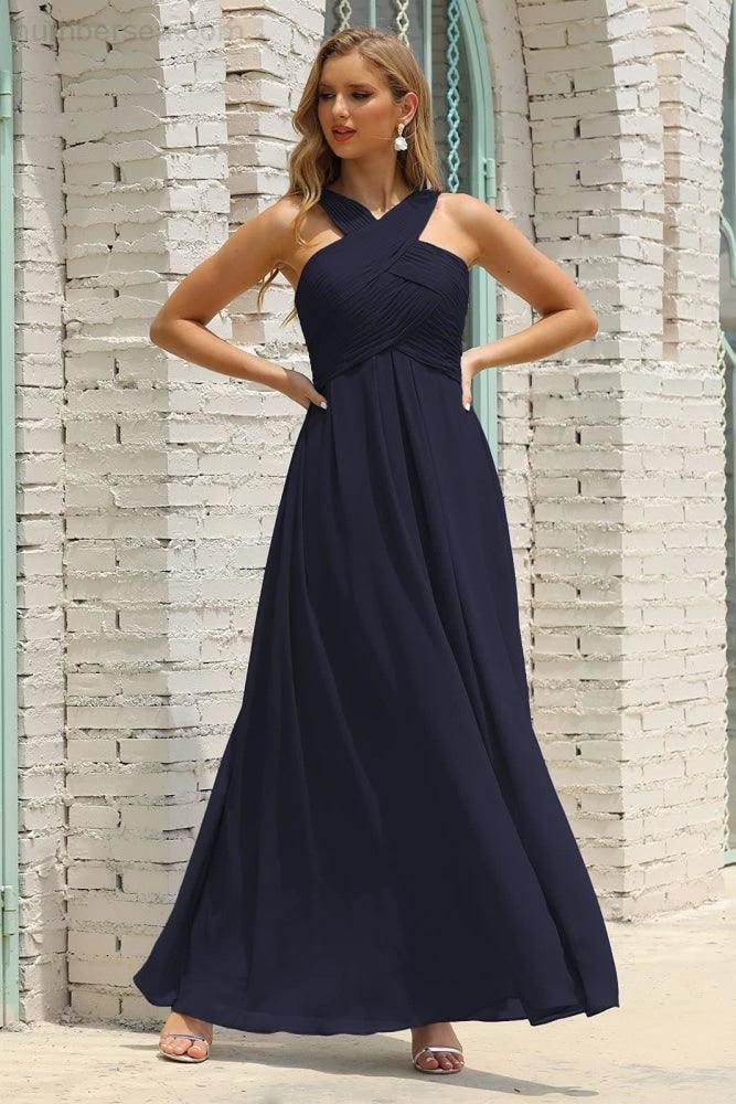 Vestido de Dama de Honra Halter em Chiffon para Mulher, Modelo A-Line, Longo, Formal, para Baile de Finalistas SEA28015