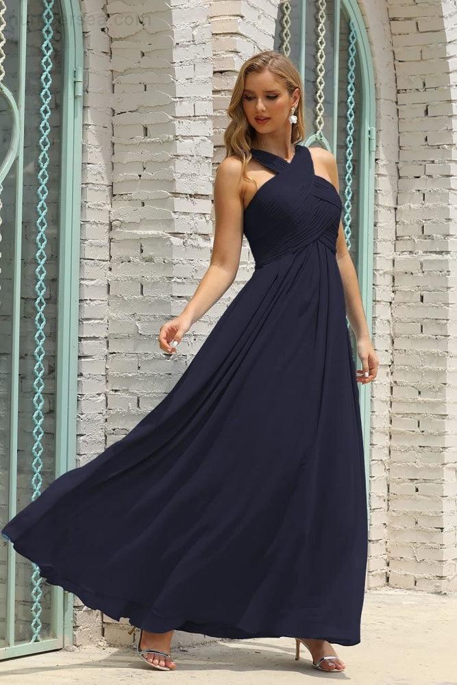 Vestido de Dama de Honra Halter em Chiffon para Mulher, Modelo A-Line, Longo, Formal, para Baile de Finalistas SEA28015