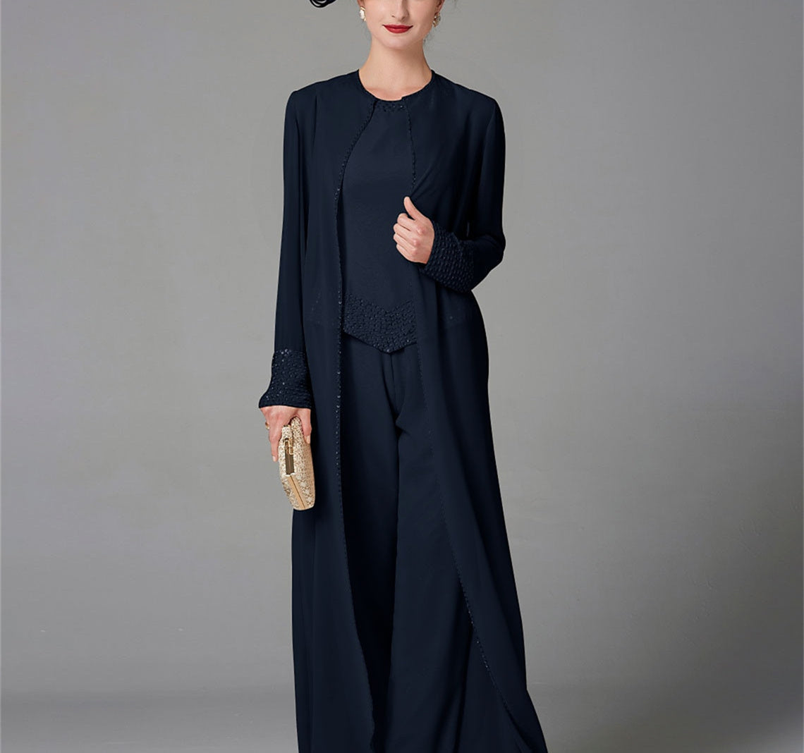 Mother Of The Bride Pantsuit With Jacket And Sequins Long Sleeve Chiffon