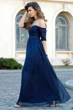 Dark Navy Tulle Half Sleeves Off-the-shoulder Bridesmaid Dresses
