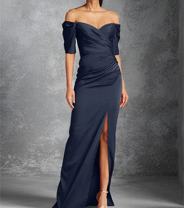 Hülle/Säule Schulterfreie Kurzärmelige Bodenlange Brautmutterkleider mit vorderlichem Schlitz