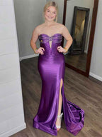 Dark Purple Satin Mermaid Strapless Dress With Sweetheart Bodice And Slit