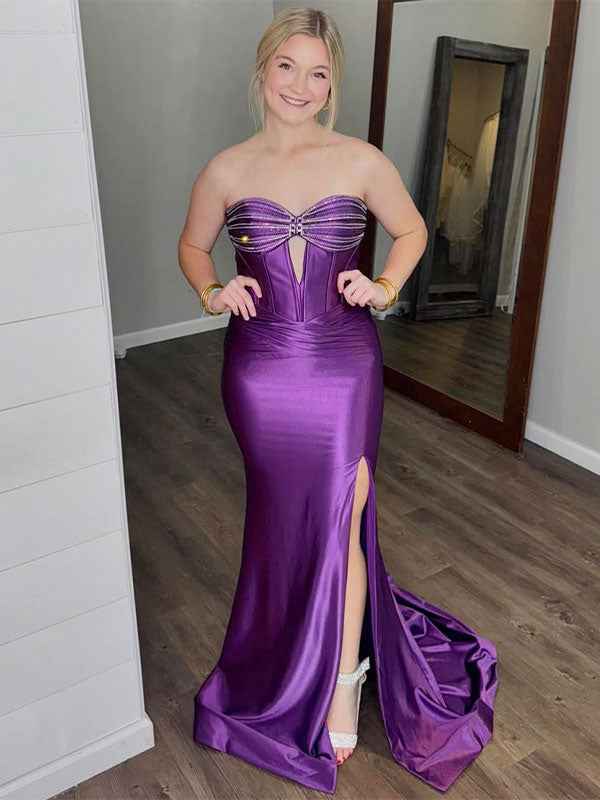 Dark Purple Satin Mermaid Strapless Dress With Sweetheart Bodice And Slit