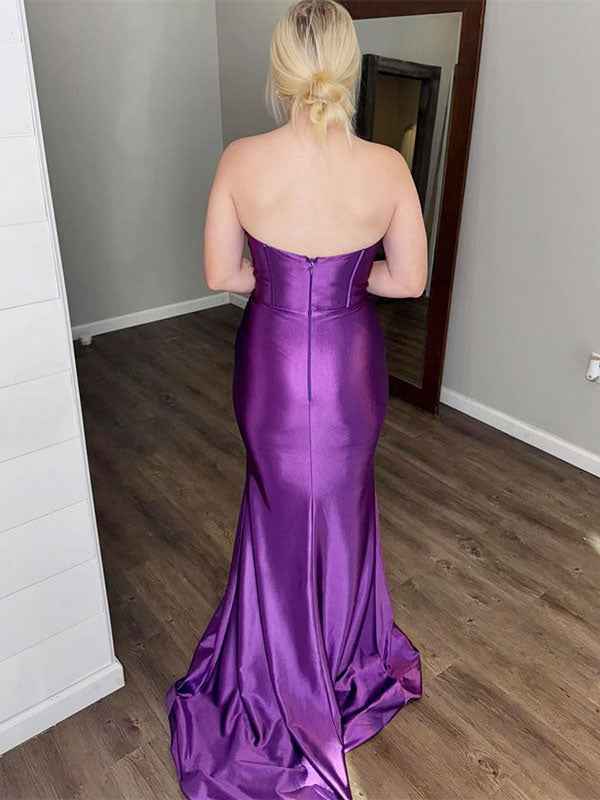 Dark Purple Satin Mermaid Strapless Dress With Sweetheart Bodice And Slit