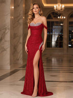 Ruby Red Off The Shoulder Crystal Corset Prom Dress With Slit