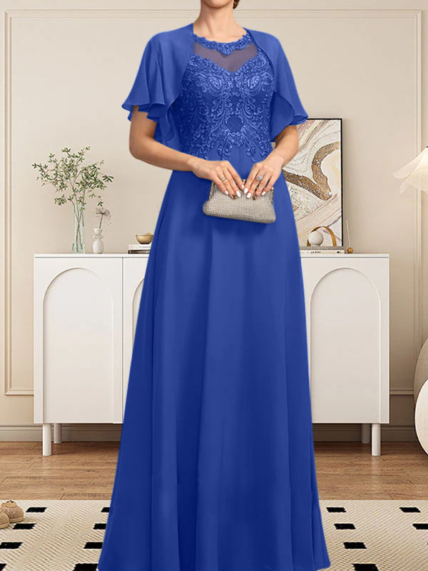 A-Linie, U-Ausschnitt, Illusion, bodenlanges Spitzen-Chiffon-Kleid für die Brautmutter mit Pailletten