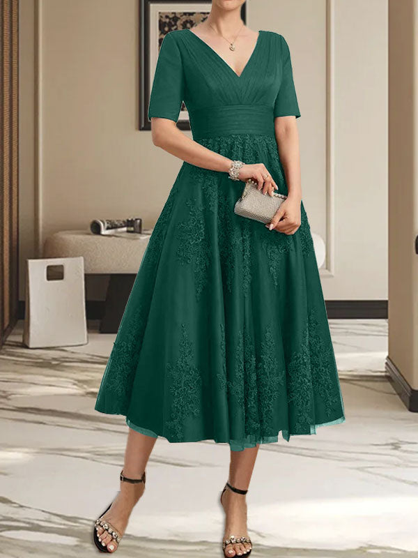 A-Linie V-Ausschnitt Wadenlanges Tüll-Spitzenkleid für die Brautmutter mit Plissee